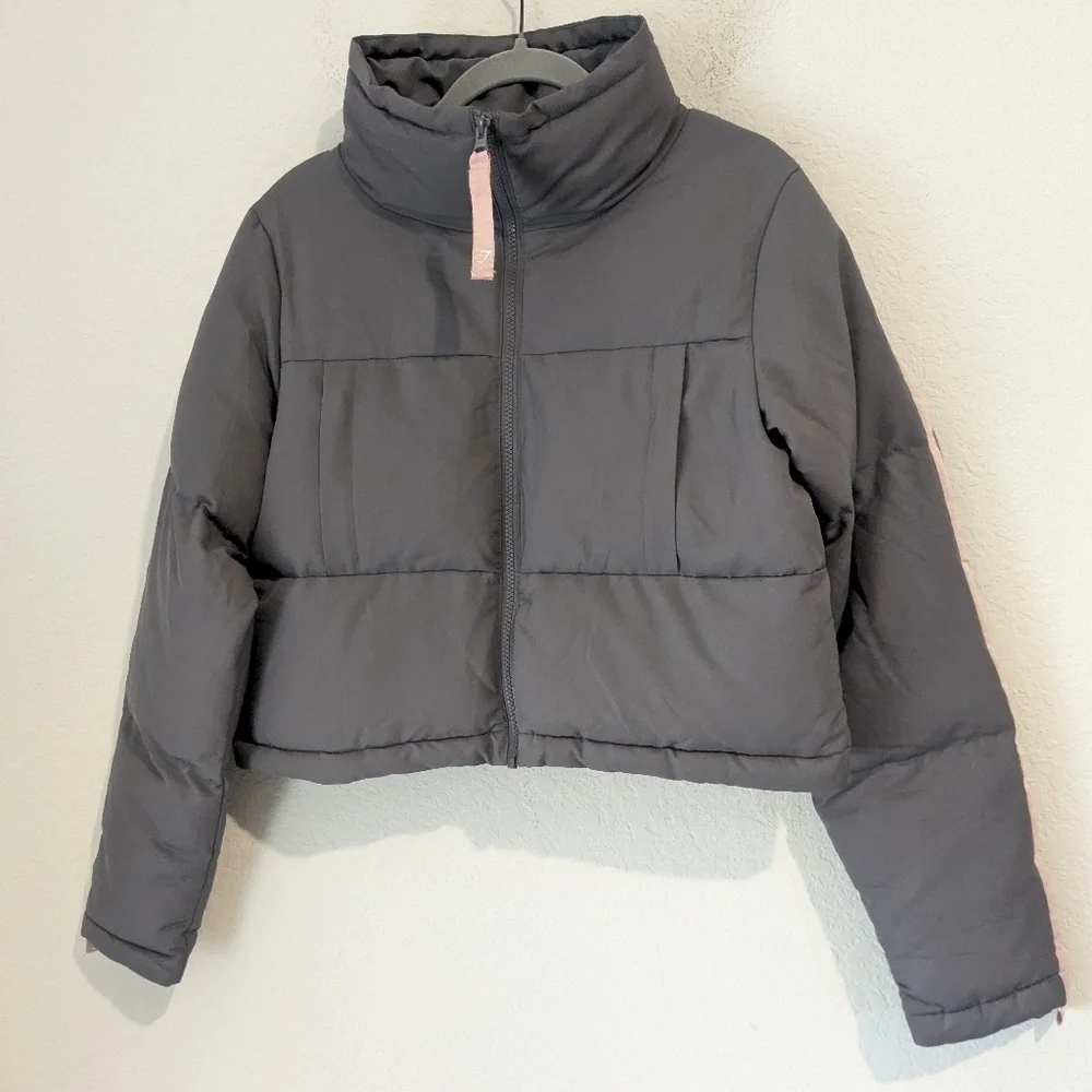 Gymshark Grey Oversized Cropped High Neck Full Zip Canvas Puffer Jacket